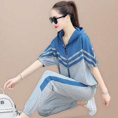 運動套裝夏季薄款女2020年新款時尚連帽跑步短袖長褲休閒服兩件套