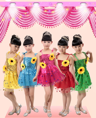 61 children Sun flower Dance costume girl modern Sequins Sunflower stage Costume Dance skirt costume