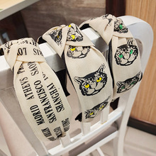 韓國新款發飾字母貓頭織帶蕾絲網紗中間打結頭箍寬邊蝴蝶結發箍女