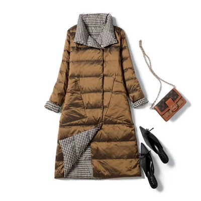 2020新款普通歐美暗扣立領黃色白鴨絨時尚雙面穿民族風修身羽絨服