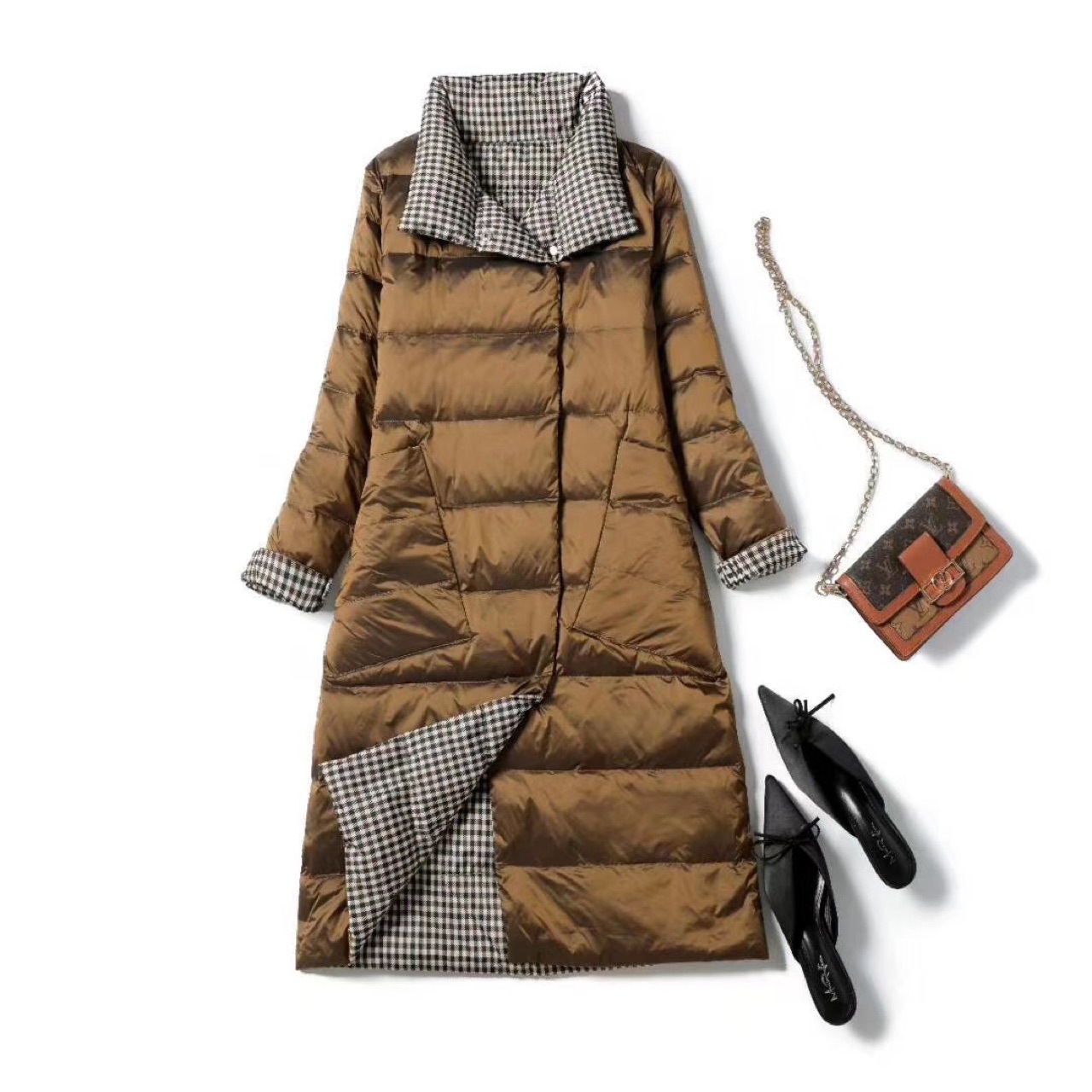 2020新款普通歐美暗扣立領黃色白鴨絨時尚雙面穿民族風修身羽絨服