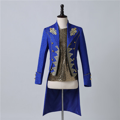 Men's royal blue jazz dance singers migician stage performance long tuxedo coats Fashion European Palace Prince Gold Long Embroidered film cosplay dresses Suit 
