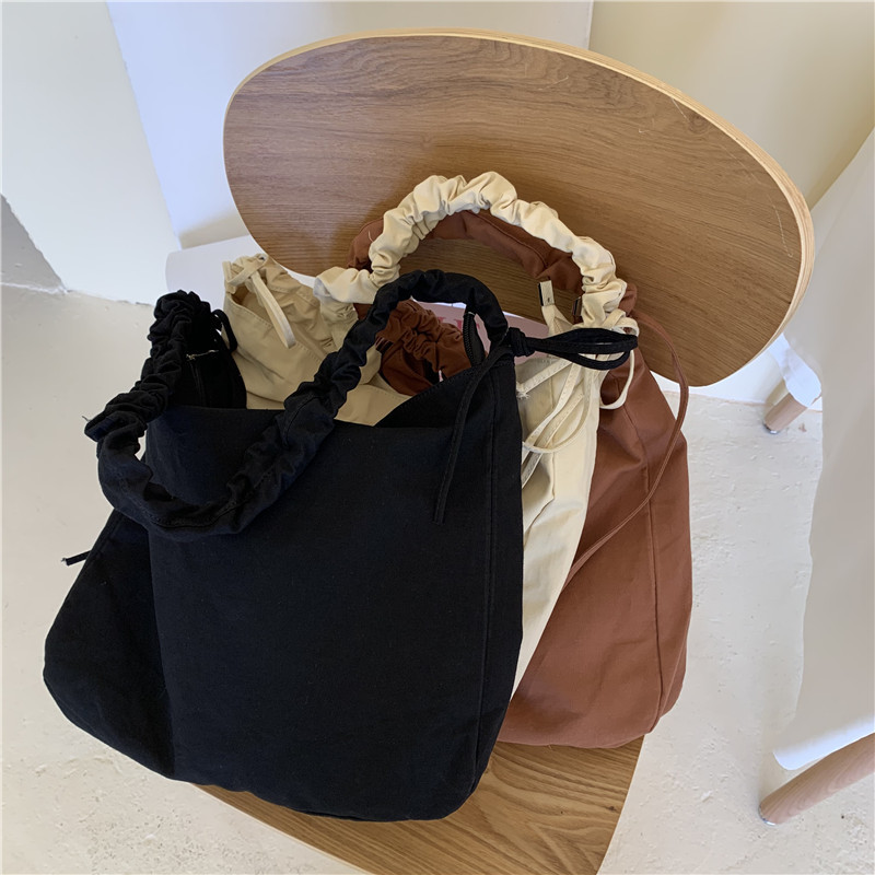 Women's Korean Style Style Cross-body Shoulder Bag Large Capacity Drawstring Pleated Cross-body Canvas Women's Bag Versatile Dumpling Bag