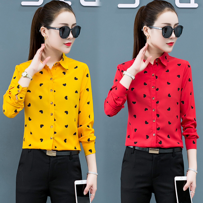 Primavera y otoño nueva camisa blanca roja amarilla impresa Camisa de gasa de manga larga de las mujeres estilo coreano de las mujeres slim fit delgada image 2