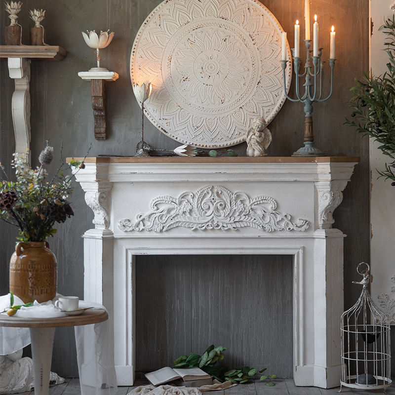 美式实木婚礼摄影摆件装饰壁炉架欧式复古做旧浮雕民宿客厅玄关柜|ru