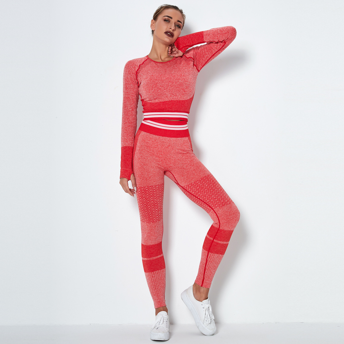 seamless knitted tight elastic striped fitness four-piece suit NSNS10673
