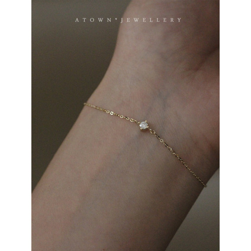 Recommended classic single diamond S925 sterling silver 14K gold plated bracelet, zircon super versatile daily temperament thin bracelet for women