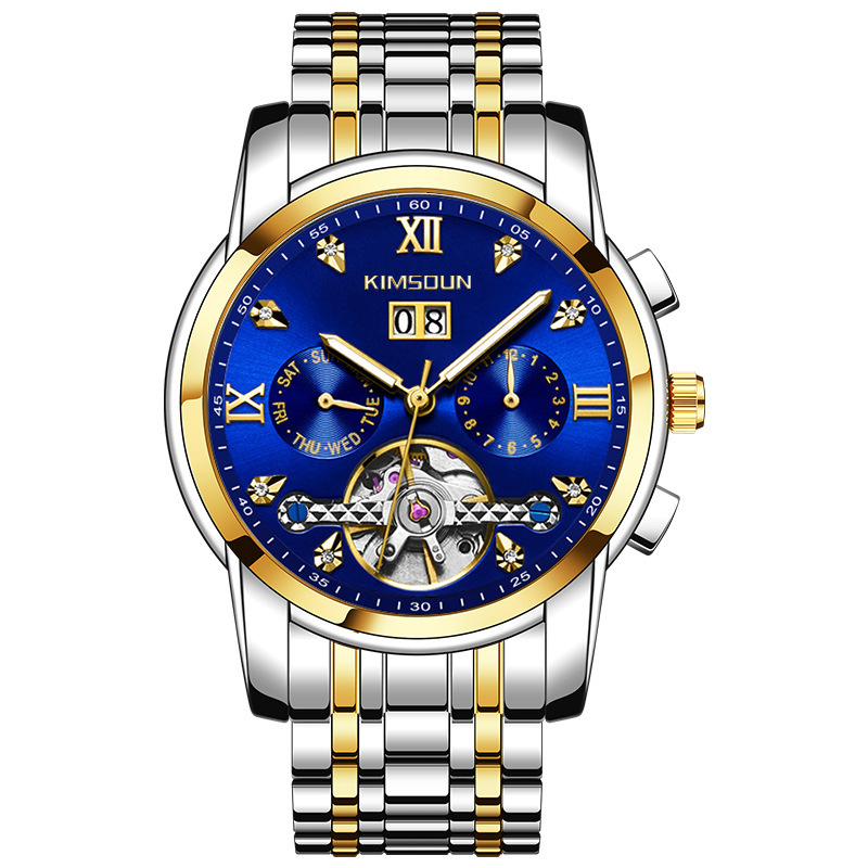 Kimsdun hombres correa de acero reloj mecánico automático calendario hueco volante impermeable reloj de pulsera mecánico K-1895A