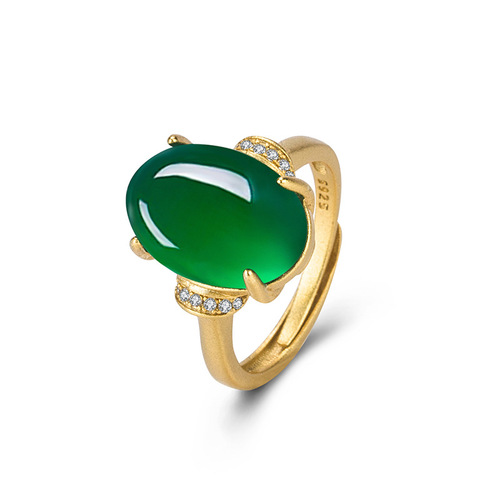 Retro Ethnic Green Agate Ring for Women, Ancient Gold Green Jadeite Ring, Simple and Fashionable Jewelry