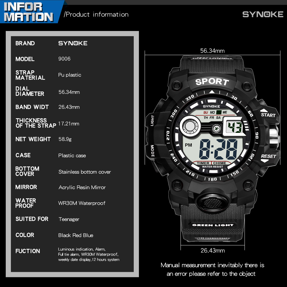 Men's Sports Electronic Watch Multi-Function Outdoor Large Screen Sport Watch Electronic Quartz Wristwatches Waterproof Watch