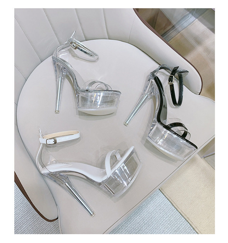Dép sandal nữ gót nhọn pha lê trong suốt, đế cao 11 cm, quai móc cài — Màu bạc, Màu trắng, Màu đen chi tiết 23