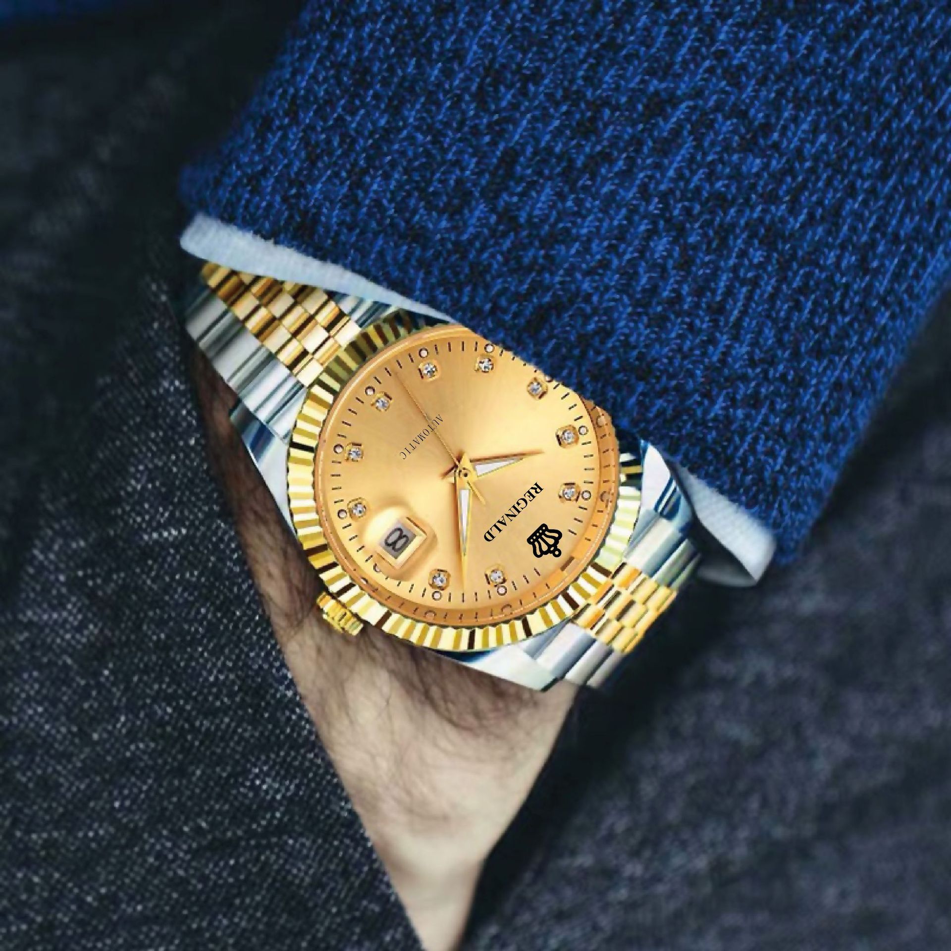 Orologio uomo automatico meccanico acciaio oro retro calendario_voghion.com