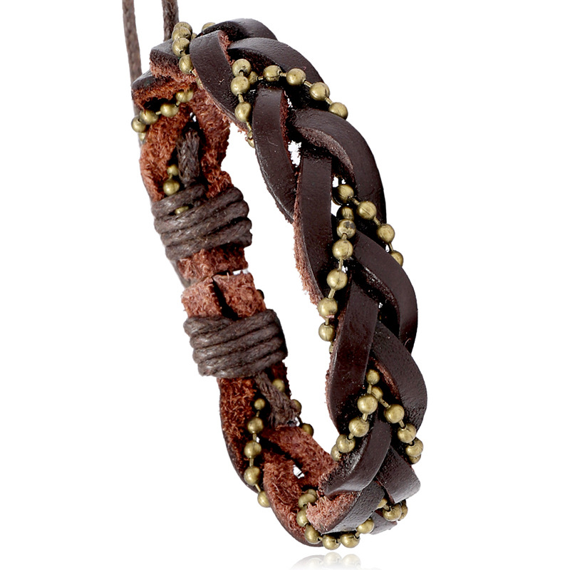 Vintage-style Personalized Woven Bead Chain Leather Bracelet, Popular European American Jewelry Wholesale, Fashionable And Adjusta_voghion.com