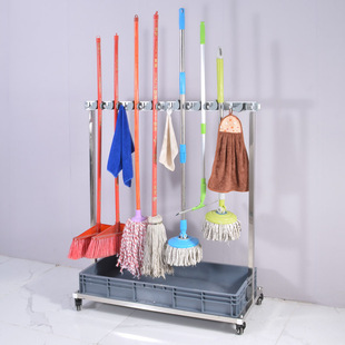 Stainless Steel Floor-Standing Mop Rack Mop Broom Hook Movable Cleaning Tool Storage and Finishing Mop Hanger
