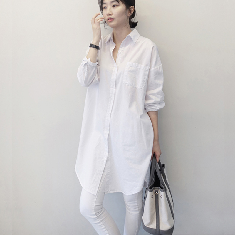 韩国201夏新款宽松大版中长款白色衬衫女大码慵懒风薄款长袖衬衣