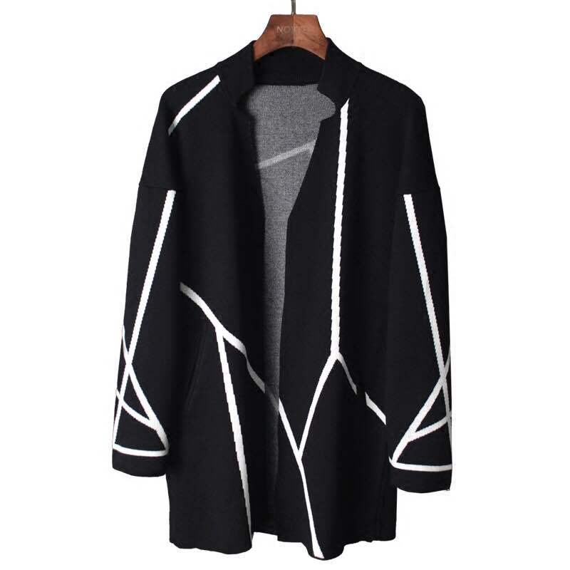 New winter White decor Geometry stripe design knitting Cardigan coat Long jacket new pattern