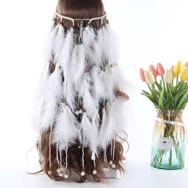 原创羽毛白色发饰珍珠挂饰创意发圈波西米亚羽毛发带发绳厂家直供