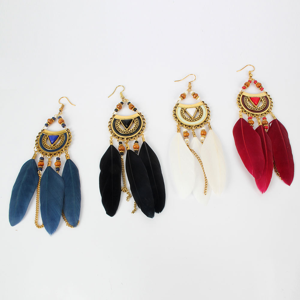 Boucles D'oreilles De Style Ethnique Triangle Boucles D'oreilles Plumes Bijoux Boucles D'oreilles Pompon En Gros Nihaojewelry display picture 3