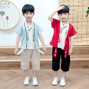 Hanfu children Chinese Tang suit the cotton and linen suit of Chinese folk costume preschool chorus performance clothing 