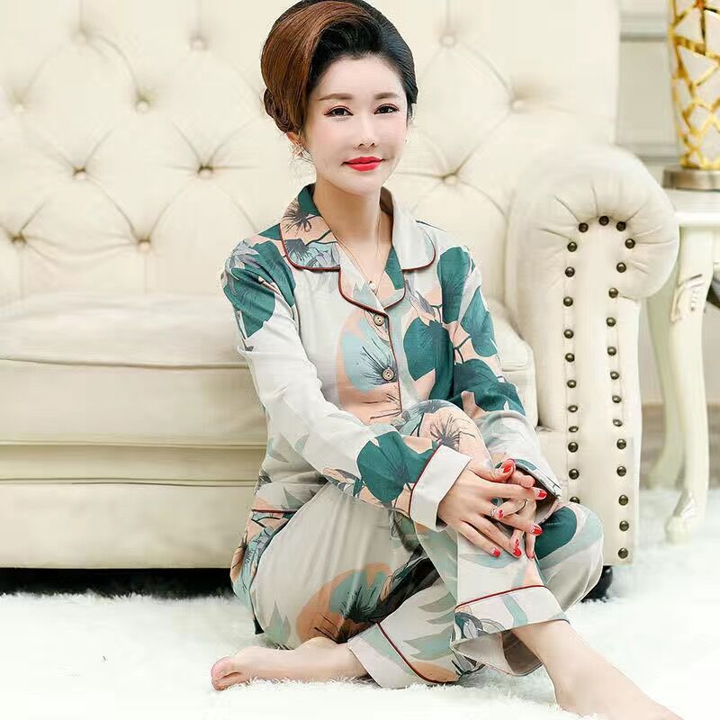 Pijamas mujer primavera y otoño 100% algodón ropa de abrigo de manga larga madre de mediana edad y ancianos Otoño e Invierno traje floral homewear