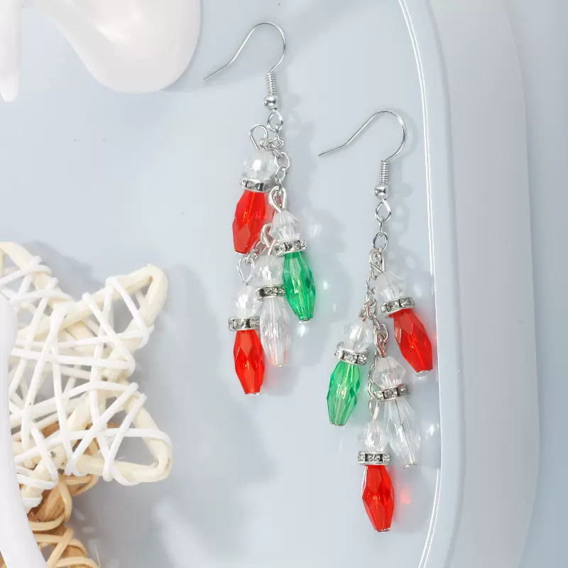 圣诞节饰品彩色水晶长款流苏耳环时尚多彩耳坠耳钉跨境货源手工