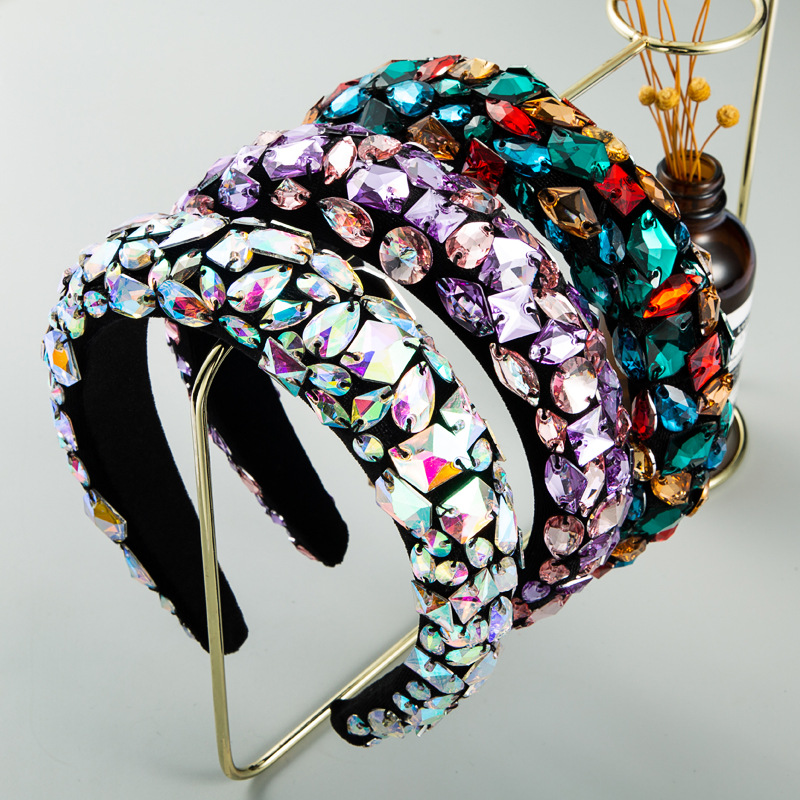 Baroque Fashion Gold Velvet Hairband Color Full Diamond Handmade Headdress Wide Brimmed Headband