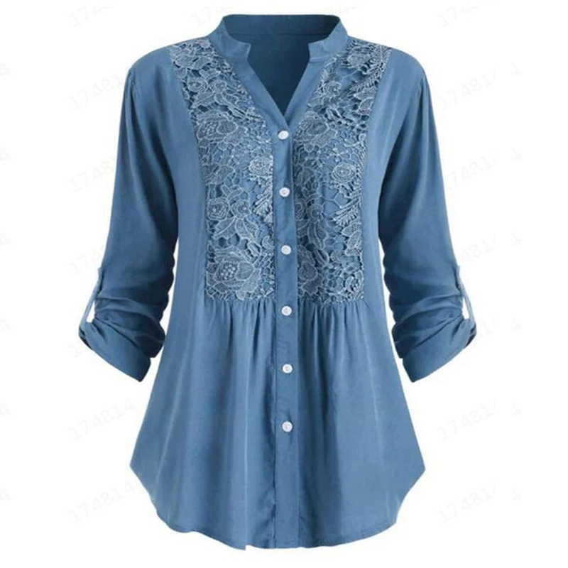 Cross-Border New Tops European and American Women's Long-Sleeved V Neck Shirts Amazon Plus Size Lace Shirts Elegant
