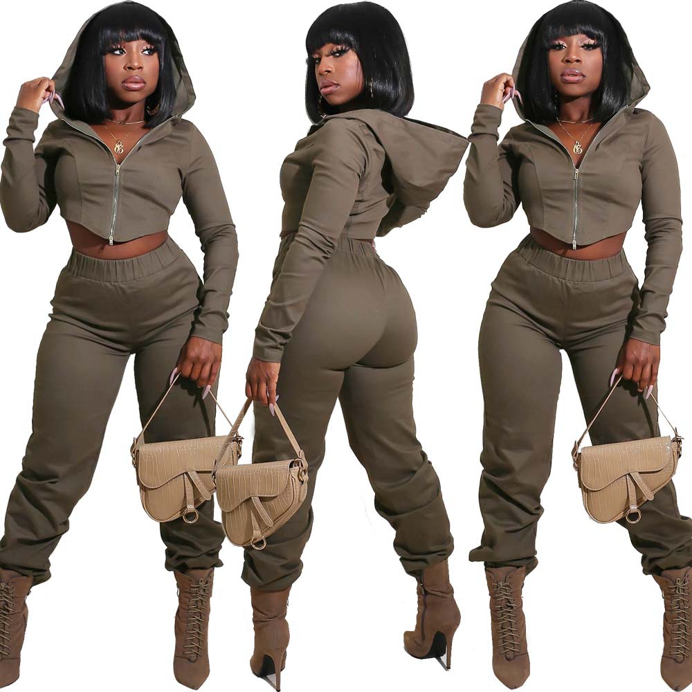 Sexy Long-Sleeved Hooded Top & Pants 2 Piece Set NSTYF97532