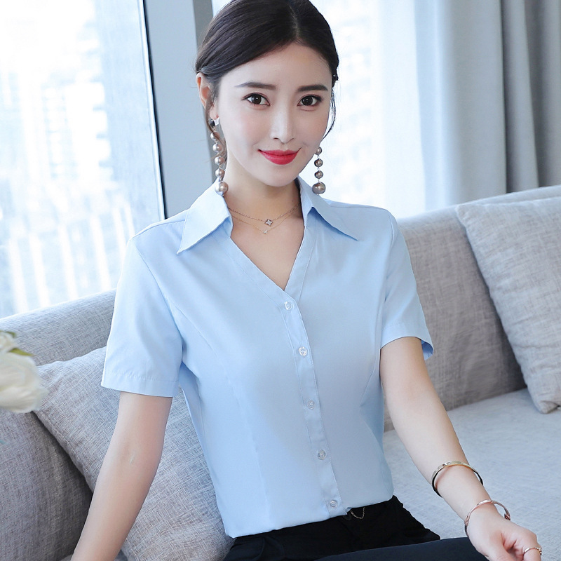 New short sleeve V-neck shirt fashion white collar short sleeve work shirt women's shirt wholesale a generation of D61 New short sleeve V-neck shirt fashion white collar short sleeve work shirt women's shirt wholesale a generation of D61