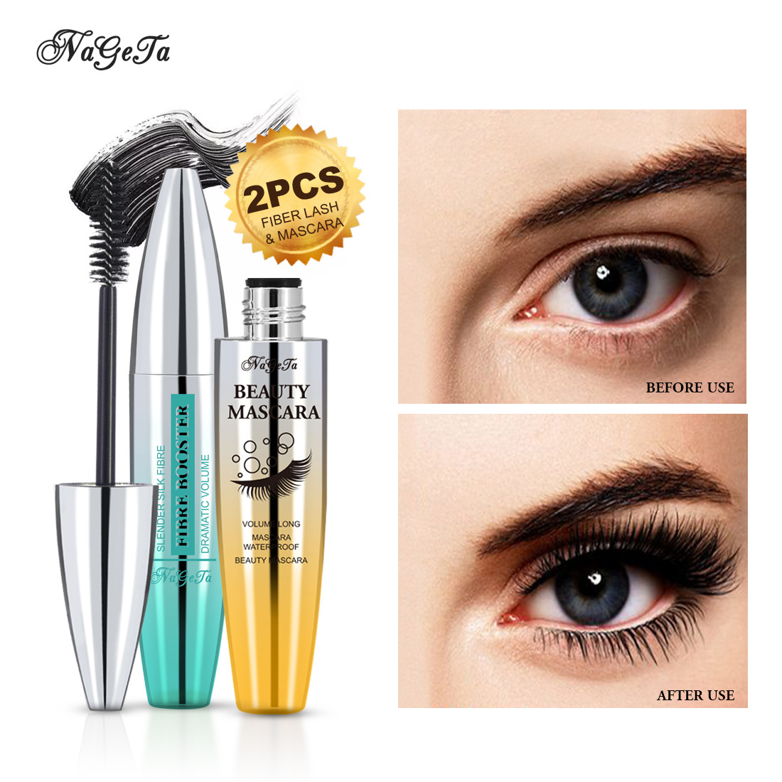 NAGETA4D睫毛膏套裝 防水睫毛膏+纖維套裝 卷翹濃密加長不暈染