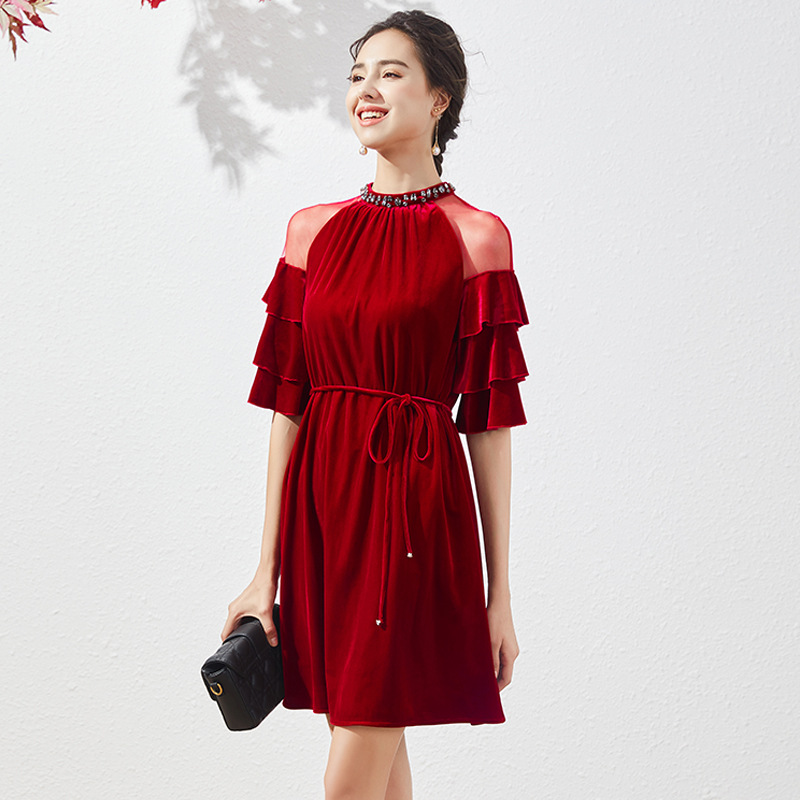 2020秋新丝绒连衣裙露肩荷叶袖抽绳系带腰带礼服裙敬酒服红色7608