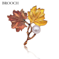 brooch歐美復古楓樹葉胸針女 珍珠胸花滴油別針禮物飾品配飾批發