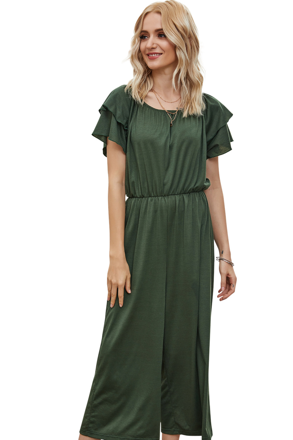 wrapped chest word ruffled army green casual home jumpsuit NSDF1534