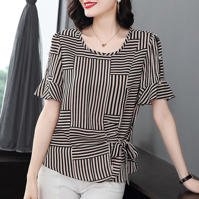 Stripe chiffon shirt women’s summer loose top fashion short sleeve blouse