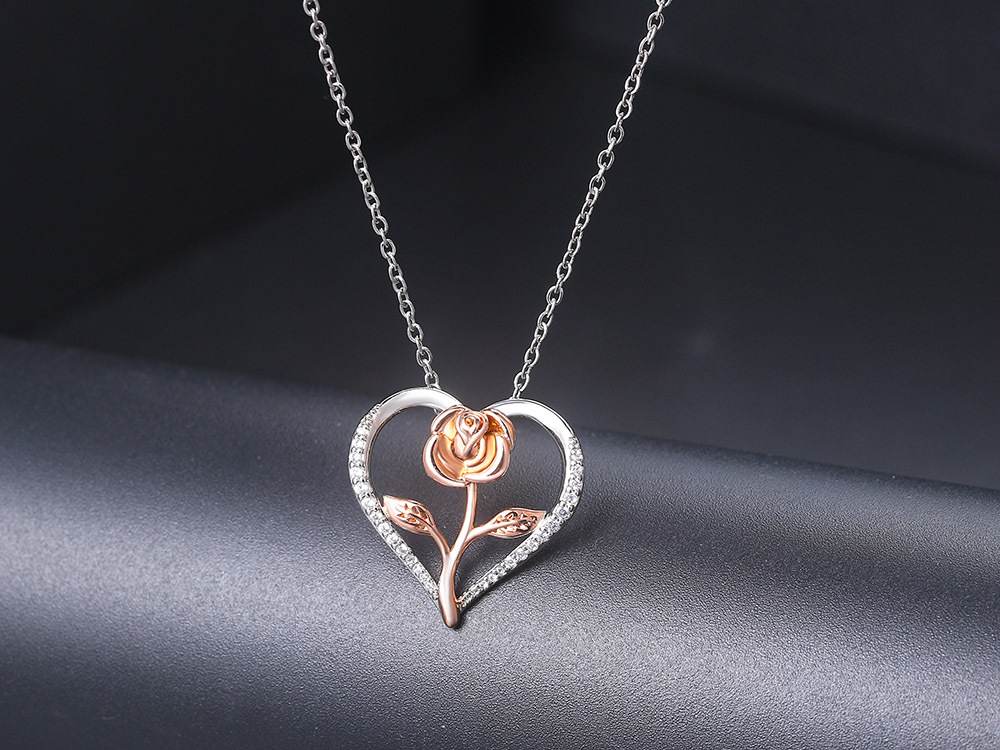 Fashion Heart Shape Rose Copper Inlay Zircon Pendant Necklace 1 Piece
