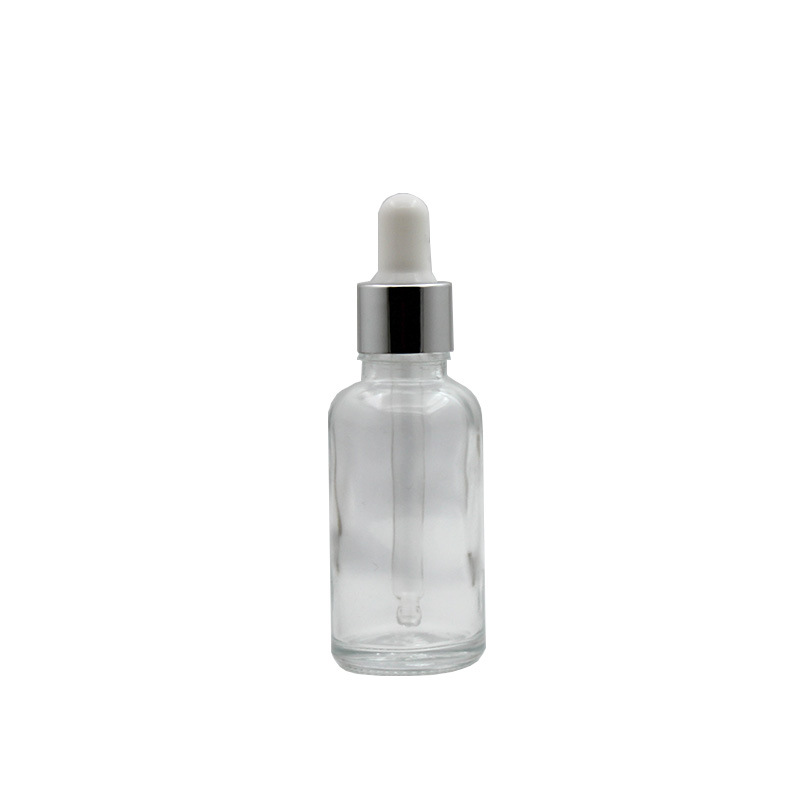 Botella de aceite esencial de vidrio transparente al por mayor botella de mezcla de cabeza de plástico 30ml cuentagotas dilución de envasado botella vacía botella cosmética