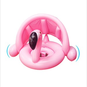 儿童防晒游泳圈 遮阳蓬婴幼儿夏乐火烈鸟形状充气坐圈水上玩具
