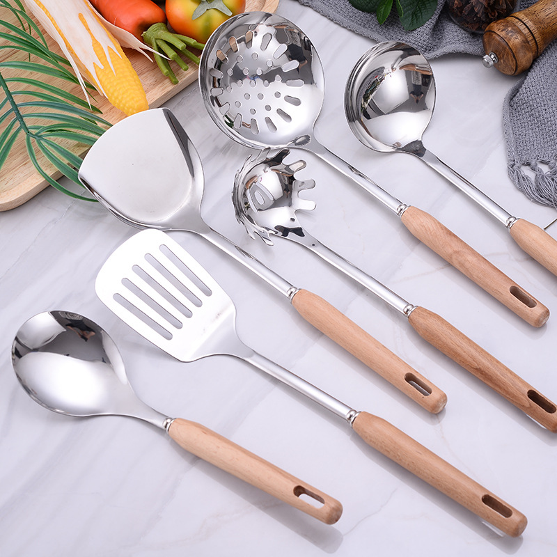 新款榉木柄厨具勺铲套件不锈钢锅铲漏勺粉扒烹饪铲勺家用厨房工具
