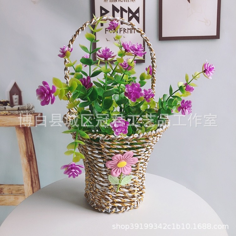 壁挂插花花瓶手工艺品大号套二花篮金绳子编织花篮|ru