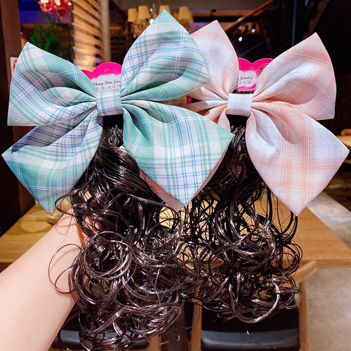 2pack Children stage performance chorus wig headdress with plaid bowknot girls princess ponytail bow hairpin big wave long curly hairpin hair clip