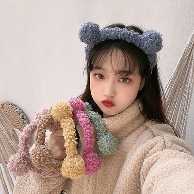 the republic of korea Sweet lovely Lambswool Little Bear Sphere Hair hoop Wash one's face Autumn and winter Plush Head hoop Card issuance Versatile go out