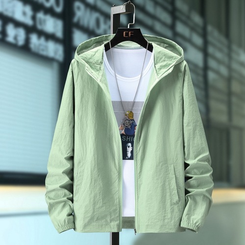 Summer Men Solid Color Sun Protective Skin Jacket Zipper Hooded Fashion Sun Protective Clothing Plus Size