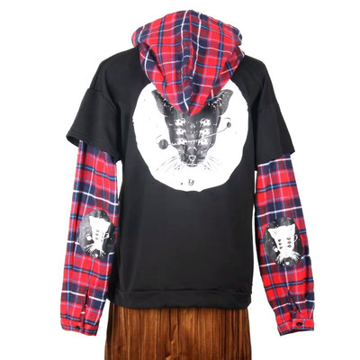 2021女士外穿新款潮流連帽純棉印花衛衣大碼韓版寬松格子慵懶風