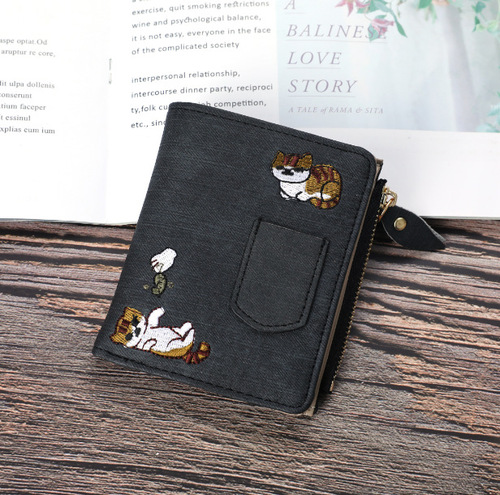 Jeans style wallet cat embroidered canvas pattern large capacity buckle can hold mobile phone pocket decoration women's bag