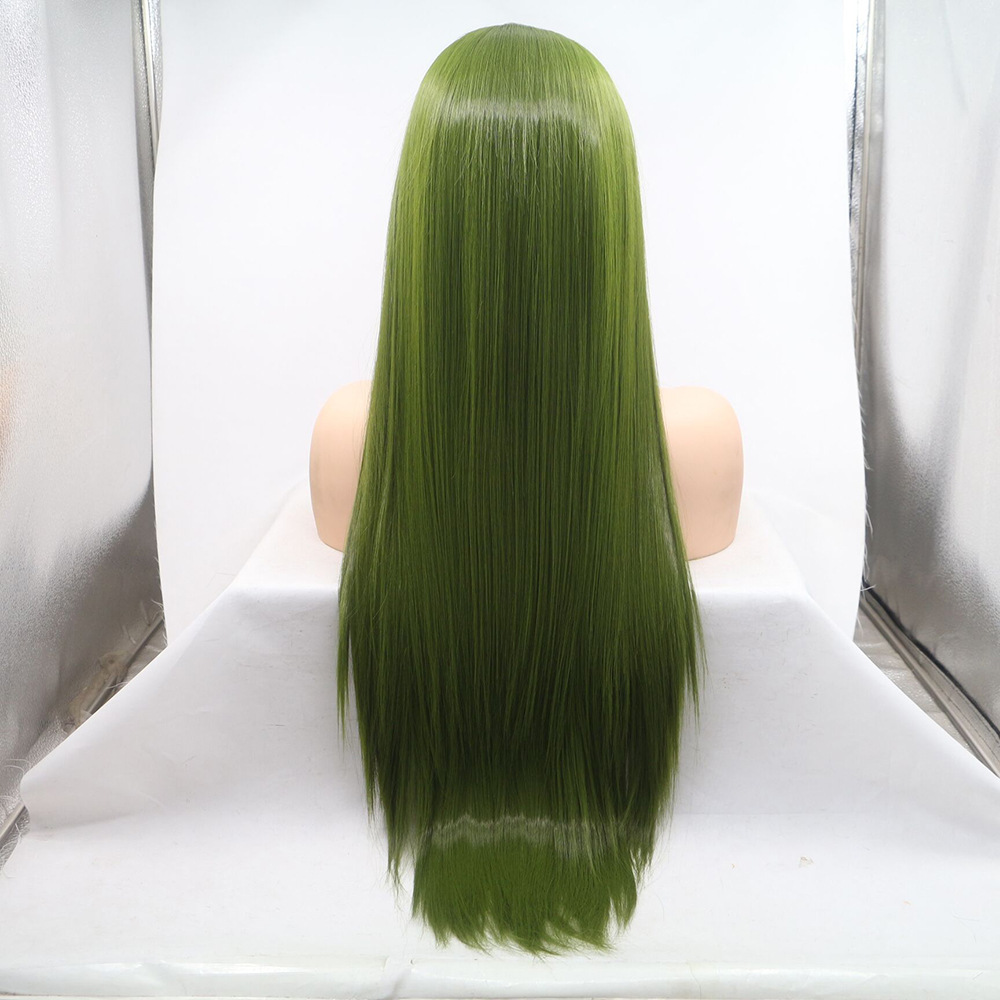 Peluca de fibra química de moda europea y americana, cabello largo verde, cabello lacio, casco de seda de alta temperatura al por mayor
