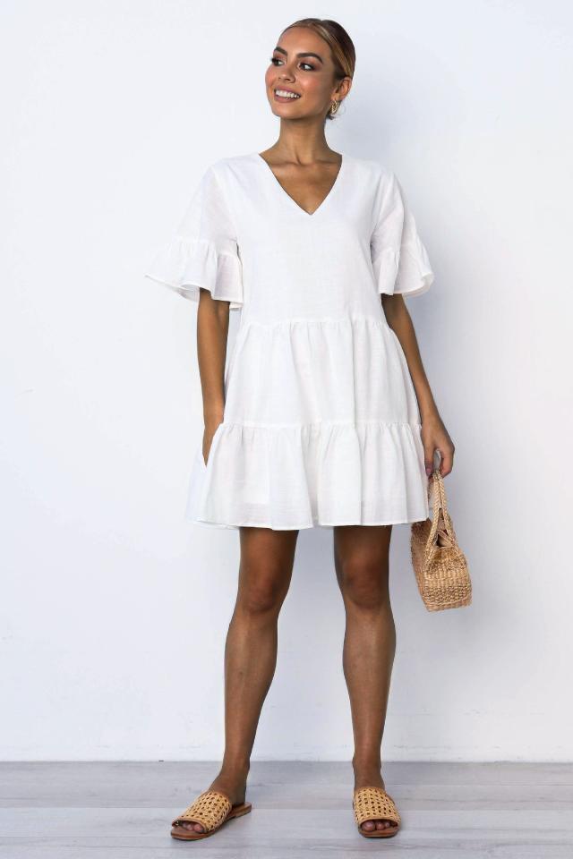 summer V-neck short-sleeved solid color loose pleated dress NSYD3883