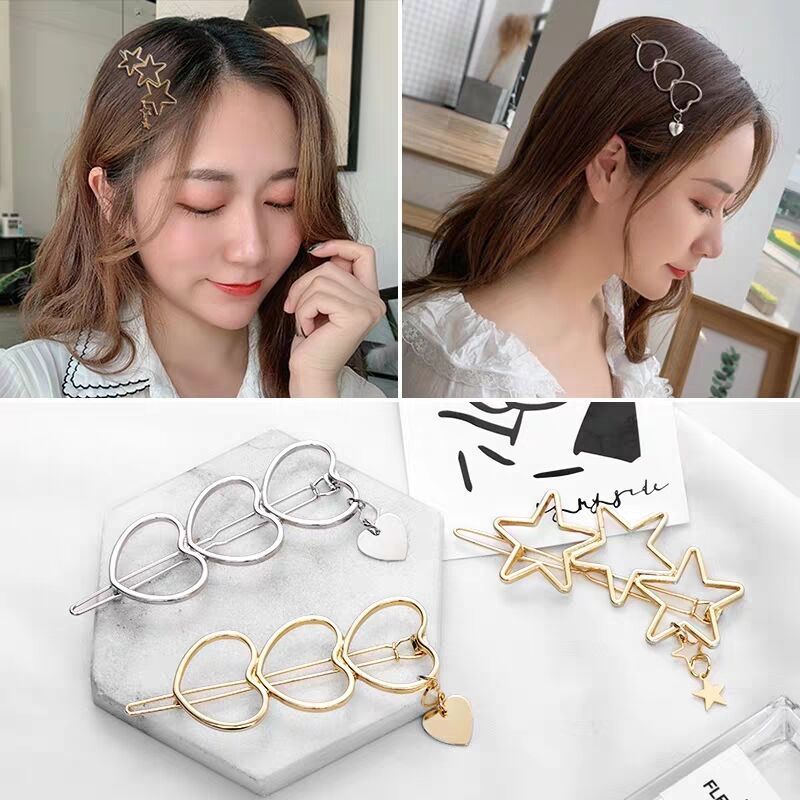 Online celebrity ins five-pointed star hairpin Golden hollow heart-shaped pendant side clip student girl word clip