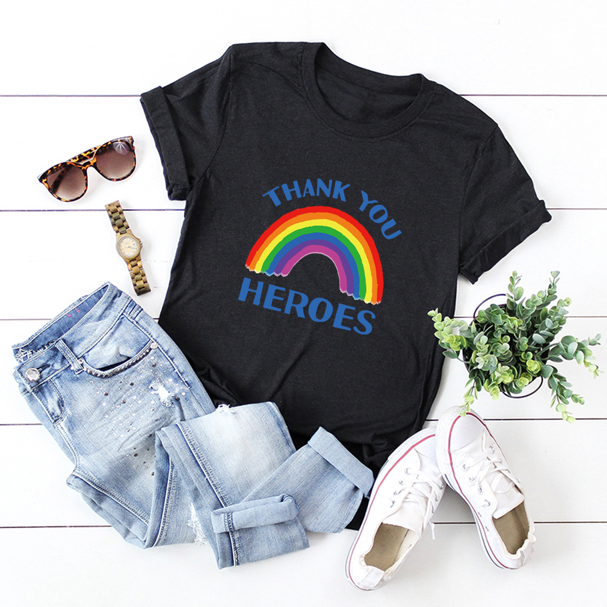 popular rainbow printed cotton short-sleeved t-shirt women NSSN2690