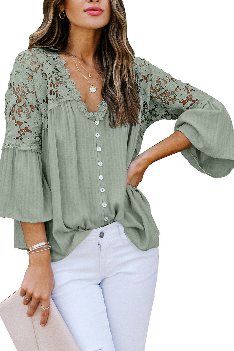 Loose Large Long-Sleeved Solid Color V-Neck Chiffon Pullover Shirt NSQSY78174