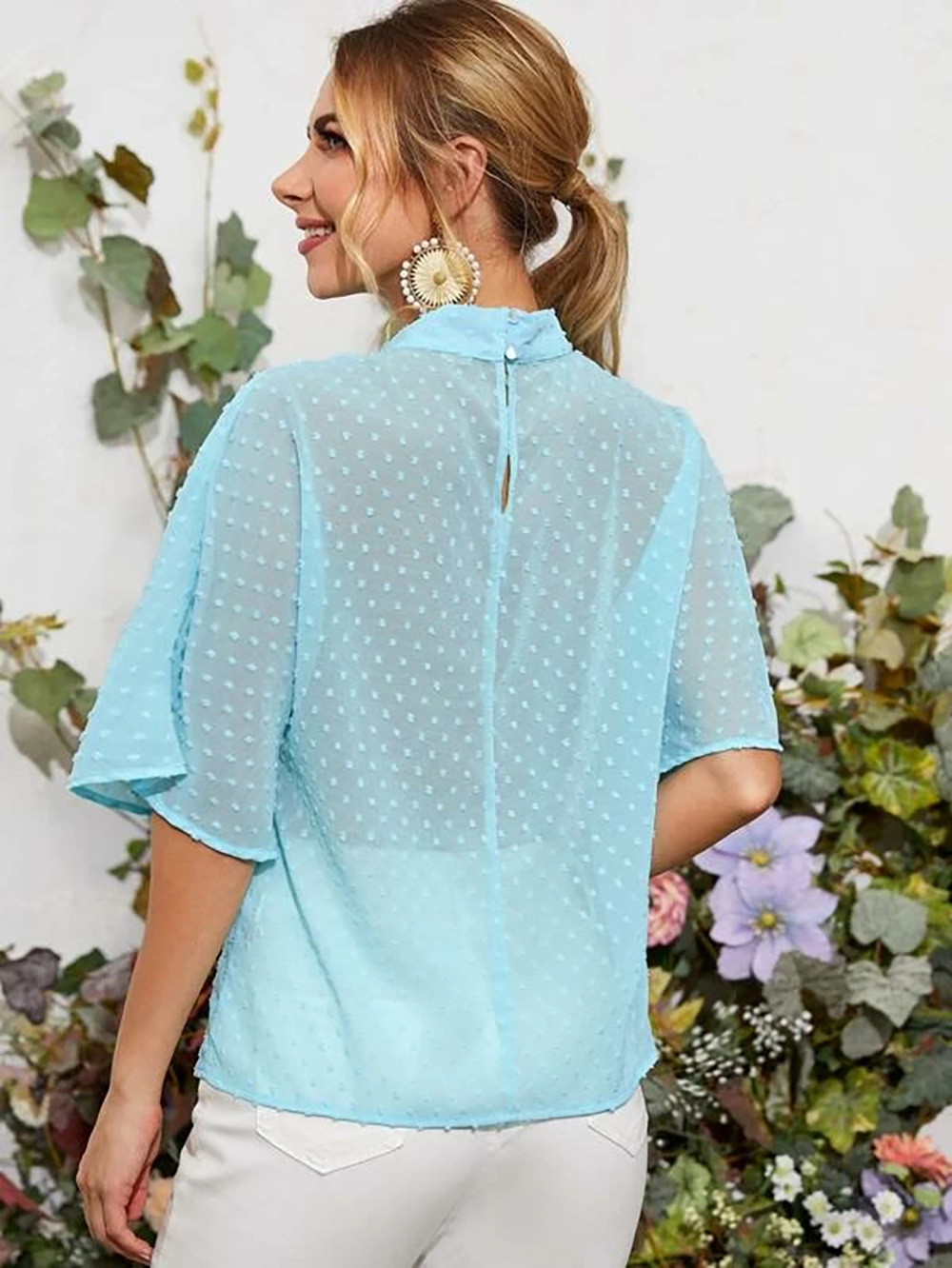 summer new small shirt blue blouse fashion all-match polka dot top short sleeve chiffon shirt NSDF514